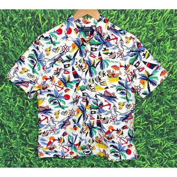 Polo Ralph Lauren Nautical Bearwaiian Print Button Front Shirt Boys XL 18-20 - Picture 2 of 5